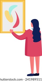 Woman hanging abstract art on wall. Female admires modern painting in gallery. Art appreciation and home decor vector illustration.