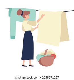 Woman hanging clean clothing on rope after laundry, flat vector illustration isolated on white background. Woman engaged with laundry and household chores.