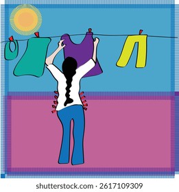 Woman hanging the clothes illustration Woman put his clothes to dry on the rope, clothes hanging on clothes line
