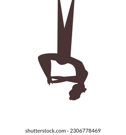 Woman hanging in hammock for aerial yoga, black silhouette vector illustration isolated on white background. Icon of person doing stretching exercises and pilates.