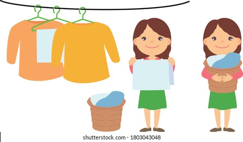 A woman hanging up laundry and a woman holding a laundry basket