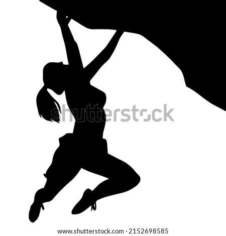 Woman Hanging On Cliff Silhouette. High quality vector