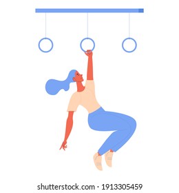 Woman hanging on gymnastic rings during obstacle course racing isolated on white. Healthy lifestyle character ready for sport