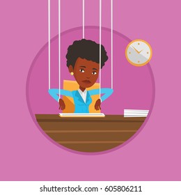 Woman hanging on strings like a marionette. Woman marionette on ropes sitting in office. Emotionless marionette woman working. Vector flat design illustration in the circle isolated on background.