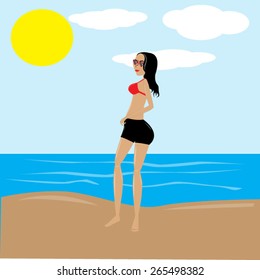 A woman hanging out on a sunny beach day wearing short shorts and a bikini top.
