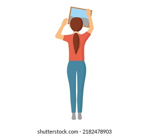 Woman hanging picture on wall. Moving boxes in new house. Female character holding frame back view standing isolated on white background. Hostess of apartment hangs decor on wall, designing room