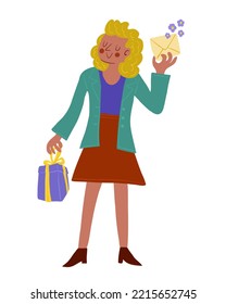 Woman hanging present box and envelope with hearts. Female giving birthday gift. Holiday card. Celebrating greeting card