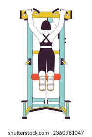 Woman hanging from pullup bar flat line color vector character. Editable outline full body person on white. Gym girl improving grip strength simple cartoon spot illustration for web graphic design