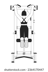 Mujer colgando de la barra de pullup línea plana de carácter vector blanco negro. Esquema editable persona de cuerpo completo. Niña gay mejorando fuerza de agarre simple caricatura aislada ilustración puntual para diseño web