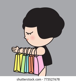 Woman Hanging Shopping Bags On Her Arm Concept Card Character illustrstion