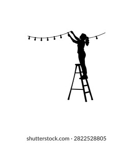 Woman Hanging String Lights silhouette icon vector illustration on white background.