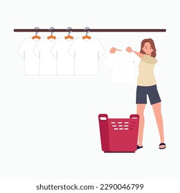 woman hanging wet clothes out to dry. drying clothes after washing. Flat vector cartoon illustration