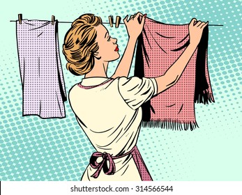 woman hangs clothes after washing housewife housework comfort retro style pop art