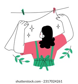 Una mujer cuelga ropa recién lavada para secarla. Concepto de lavandería. Mantenimiento de la limpieza y el orden en la casa. Ilustración vectorial aislada en fondo blanco.  