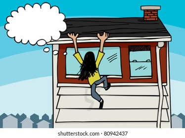 Woman hangs from the side of a tall house