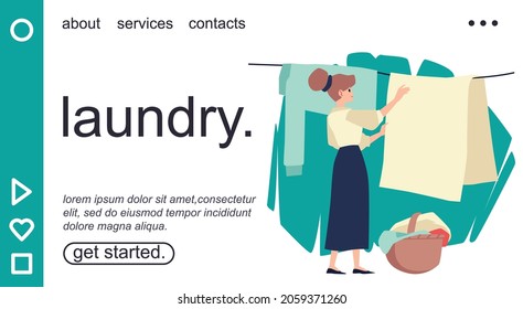 Woman hangs or takes off clean clothes after laundry - flat vector illustration isolated on white background. Concept of housekeeping, laundry service and dry cleaning.