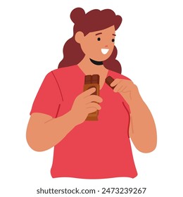 Woman Happily Eating A Chocolate Snack. Vector Image Embodies A Sense Of Joy And Satisfaction, Capturing Lighthearted Moment, Perfect For Themes Of Indulgence, Happiness, And Enjoying Small Pleasures