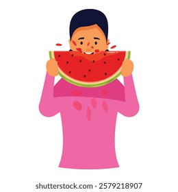 Woman is happily eating a large slice of watermelon, juice dripping down her chin