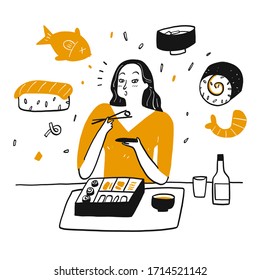 A woman happily eating sushi. Hand drawn Vector Illustration in sketch doodle style.