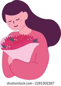 A woman happily holding a bouquet of carnations