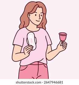 Woman happily holds a menstrual cup in her hand, smiling confidently. She promotes sustainable and healthy menstrual care