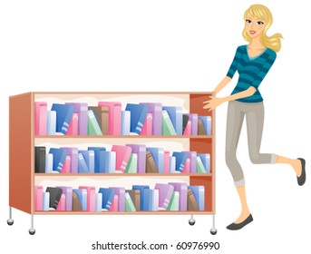 A Woman Happily Pushing a Movable Shelf of Books - Vector