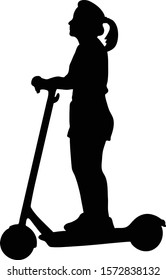 The woman happily rides on the scooter  