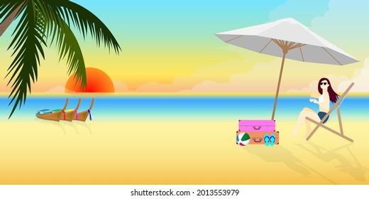 Woman happily sitting in beach chair under umbrella on sunset tropical beach, Flat illustration vector.