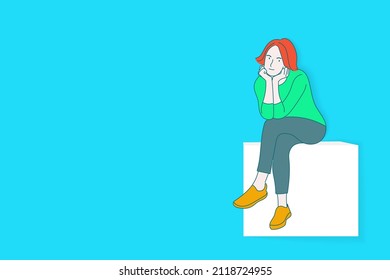 Woman happily sitting on a box with shadow isolated on background flat illustration vector.
