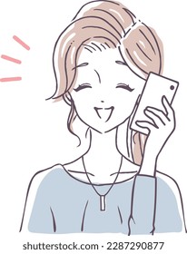 A woman happily talking on the phone Person making a phone call with a smile Pleasant telephone support Illustration material