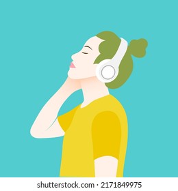 Mujer felizmente usando auriculares aislados en el vector de ilustración de fondo.