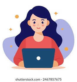 A woman happily using a laptop to communicate with gestures and smiles