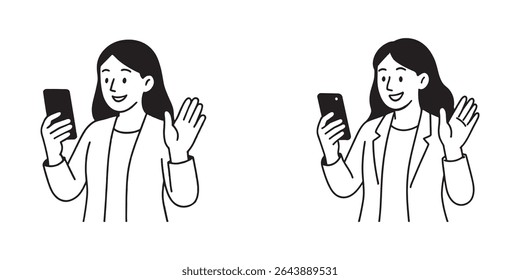 Woman happily waving during a video call on smartphone screen