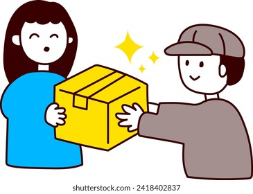 A woman is happy after receiving a package from a delivery person