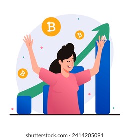 Woman is happy because the price of bitcoin is rising