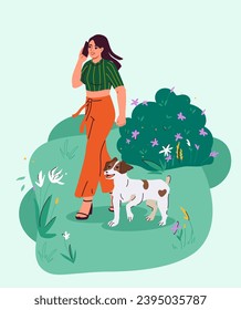 Woman with happy dog. Young girl walk with pet at leash. Owner and domesitc animal outdoor. Leisure and rest at nature. Cartoon flat vector illustration isolated on green background