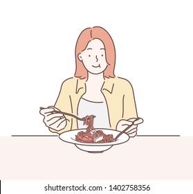 Mujer feliz de comer Spaghetti. Ilustraciones de diseño vectorial de estilo dibujado a mano.