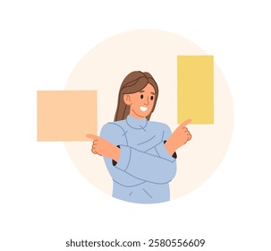 Woman with happy expression showing and pointing fingers upper left and right corners at banner with copy space. Vector businesswoman or consultant giving advice. Female character showing blank boards
