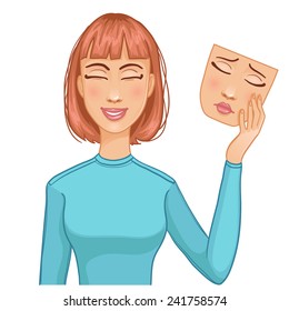 Woman with happy face and mask of sad face in her hand, eps10