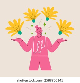 Woman happy and feeling free. Freedom. Calm and peaceful concept. Colorful vector illustration
