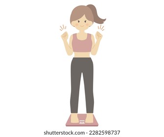 Woman happy to get on the scale, ponytail vector illustration Material