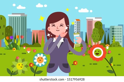 woman happy with her glowing skin taking selfie with smart phone in the park, with building as a background - vector
