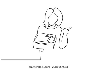 woman happy holding gift showing with forefinger