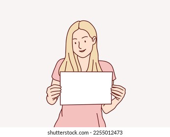 Woman happy holding lift up white blank banner paper simple korean style illustration