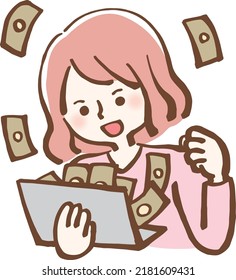 Woman happy to make money computer illustration