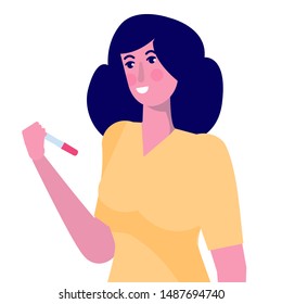 Woman happy with positive pregnancy test result. Vector illustration in flat style.