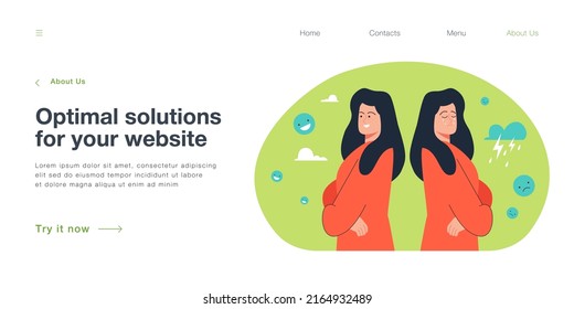 Woman with happy and sad face suffering from bipolar disorder. Portrait of girl with negative and positive mood, behavior problems of female character flat vector illustration. Illness, crisis concept