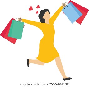 Woman happy with shopping, glamour female customers carrying purchases, ladies buy in a store, shopping cart, Vector illustration design concept in flat style

