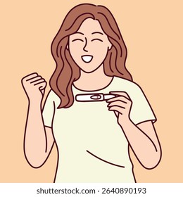 Woman with happy smile holds a negative pregnancy test. Represents relief, emotional release, and personal control