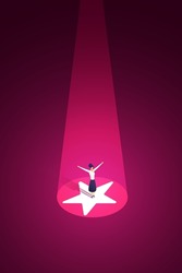 Woman Happy Stands On A Huge Star With Spotlights Shining Down On It. Career Achievement Award Or Business Star. Isometric Vector Illustration.